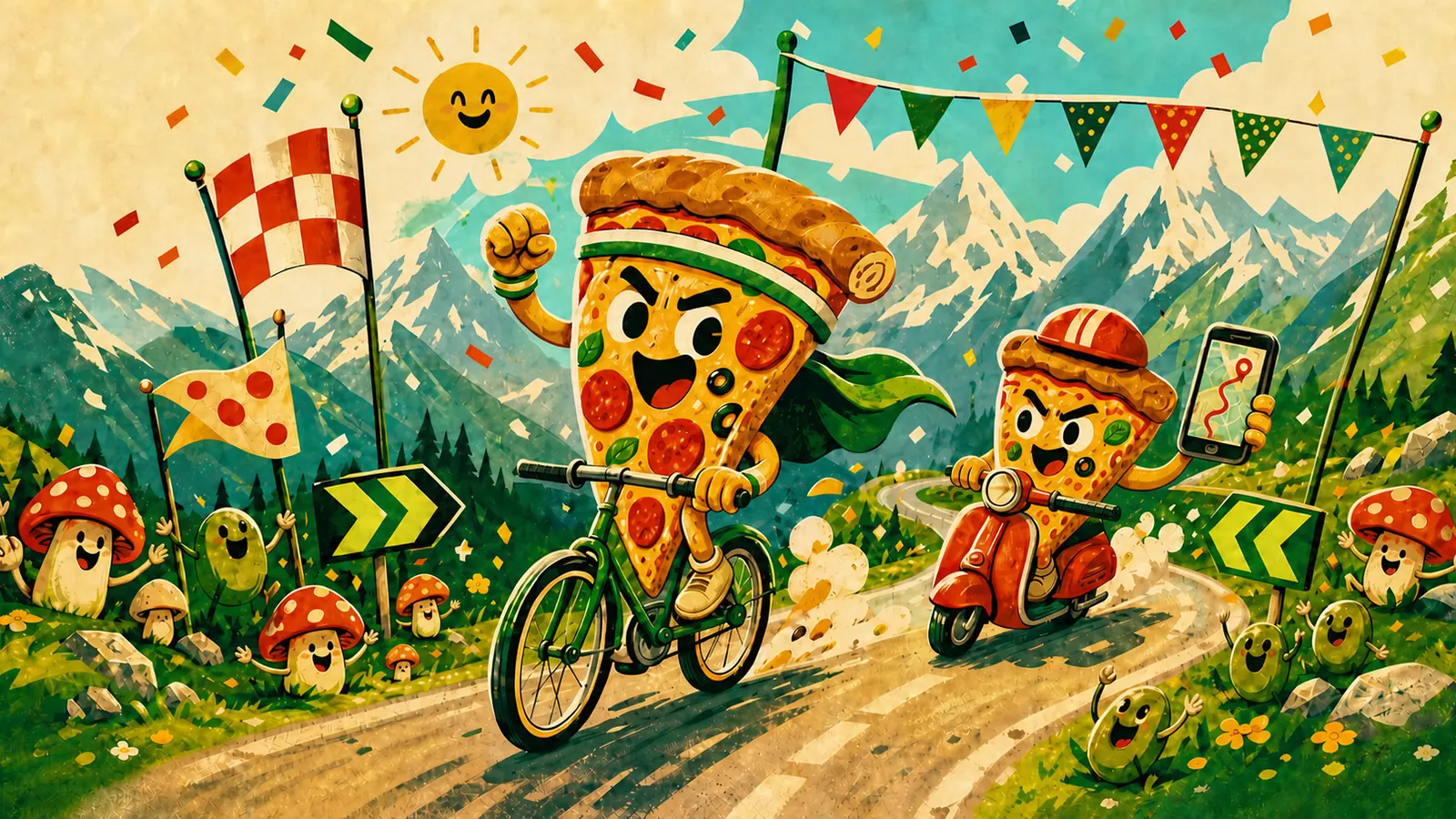 PizzaCup rally artwork with racing pizza slices on a mountain route